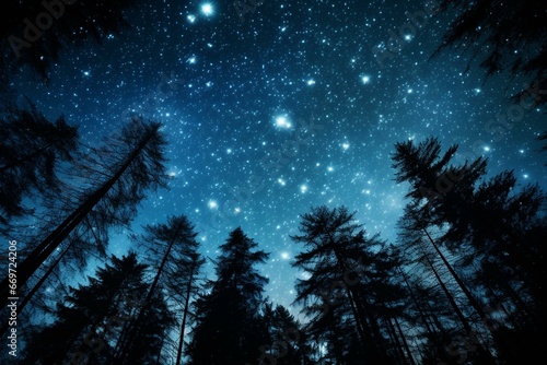 A starry night sky above a forest of trees. Generative AI