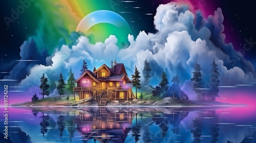 Night fantasy landscape with abstract island  rainbow on the water  wooden house. generative ai