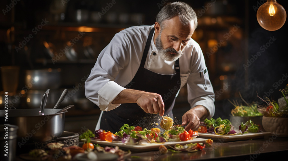 A skilled chef in a restaurant kitchen, meticulously plating a gourmet dish with artistic precision A skilled chef in a restaurant kitchen, meticulously plating a gourmet dish with artistic precision