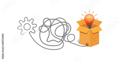 Thinking outside the box concept vector with 3d box, light bulb, haywire cable. Business concept design to use in idea, time management, brainstorm, learning, strategy, thinking, inspiration projects.