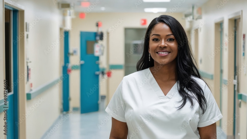 A Nurse standing inside a hospital hallway