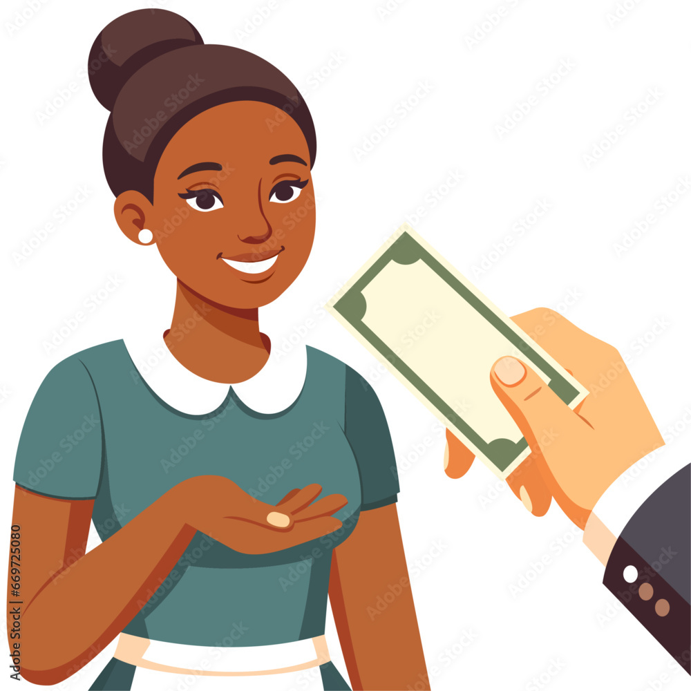 Tipping Waitress stock vector image , Giving a tip to a waitress, cash, on hand, happy waitress , first person view flat style vector image 