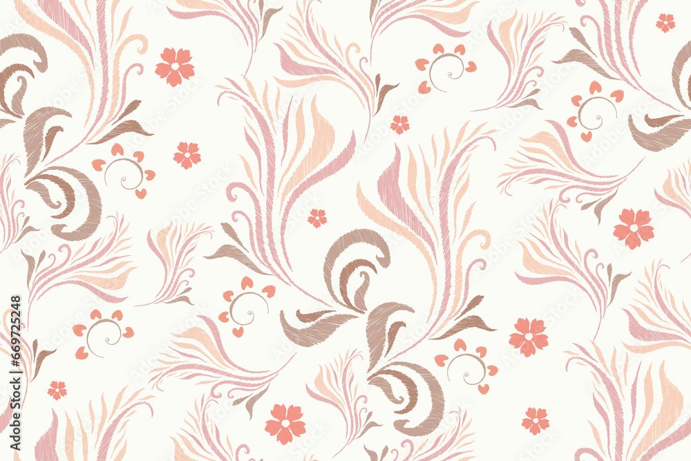 Floral Ikat pattern seamless paisley embroidery with pink lotus flower motifs. Ethnic pattern oriental traditional Aztec African style. Ikat pattern seamless vector illustration design . Floral Ikat pattern seamless paisley embroidery with pink lotus flower motifs. Ethnic pattern oriental traditional Aztec African style. Ikat pattern seamless vector illustration design .
