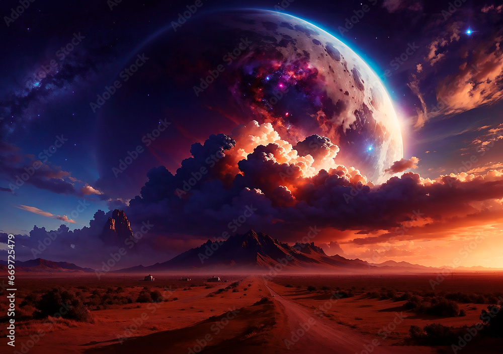 Desert road red brown sand planet and galaxy purple sky