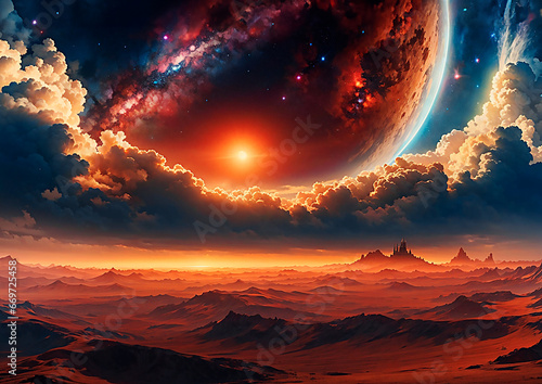 Red desert with alien sun and planet in the sky