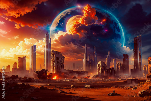 Worlds collision creating a massive destruccion civilization destroyed like nuclear catastrophe