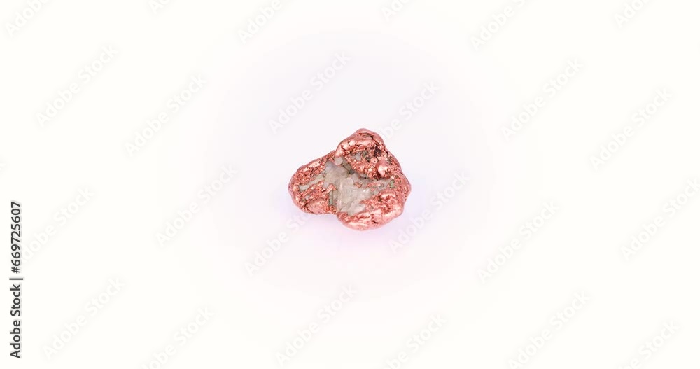 copper nugget 360° rotation in 4k macro isolated on white background. macro detail background. close-up Rough raw unpolished semi-precious gemstone copper nugget 360° rotation in 4k macro isolated on white background. macro detail background. close-up Rough raw unpolished semi-precious gemstone