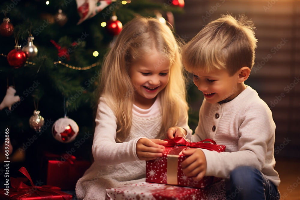 Cheerful cute children a girl and a boy opening Christmas gifts. Cheerful cute children a girl and a boy opening Christmas gifts.