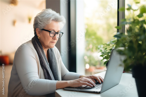 Indoor portrait of happy elderly woman working from home on her laptop