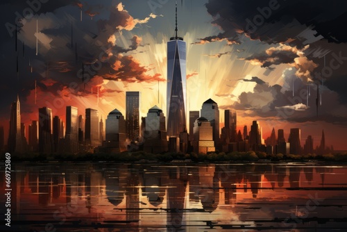 3d render illustration digital painting big city skyline silhouette houses skyscrapers photo