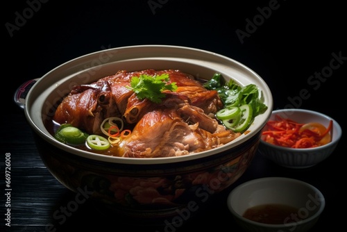 Pork knuckle in a bowl, a traditional Taiwanese dish for Lunar New Year. Generative AI