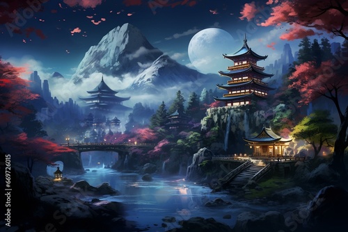 Nighttime view of a Japanese landscape with a temple and forest in mountainous surroundings. Generative AI