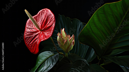 An exotic tropical shrub with broad, bright green leaves and a single red flower photo