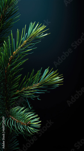 Vertical poster with copy space for text. New Year banner with fir branches on blue background. Copyspace. Concept of merry christmas, holiday, celebration. Template for social media. Generative AI