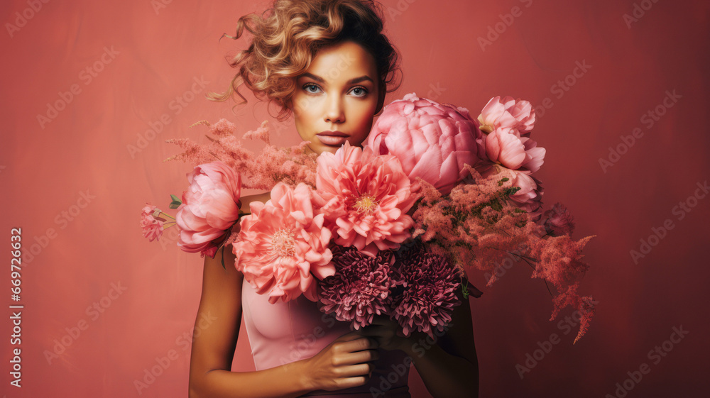 Portrait of a young, beautiful girl holding a bouquet of flowers on a pastel pink wall. A creative spring concept where the beauty and freshness of nature merge into magical harmony.