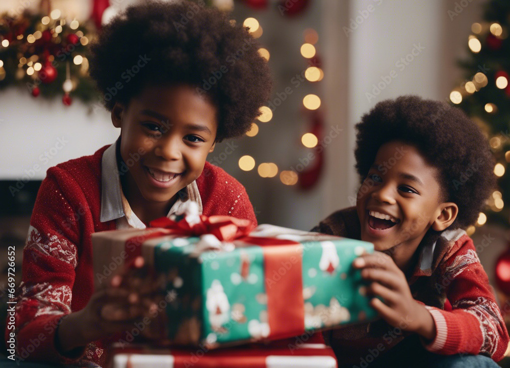 Two African American boys are holding New Year's gifts in their hands. Two African American boys are holding New Year's gifts in their hands.