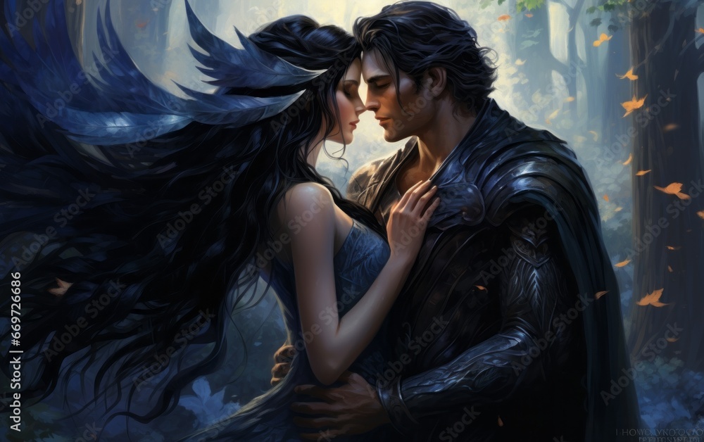 Coppia di Amanti fantasy fata capelli lunghi neri armatura azzurro blu foresta - obrazy, fototapety, plakaty 