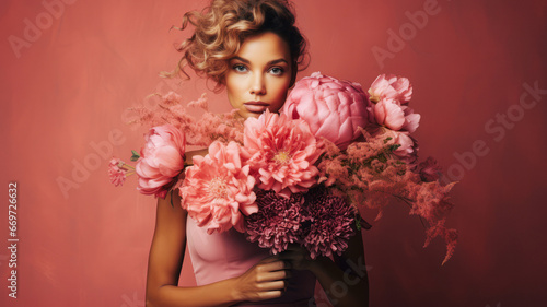 Portrait of a young, beautiful girl holding a bouquet of flowers on a pastel pink wall. A creative spring concept where the beauty and freshness of nature merge into magical harmony.