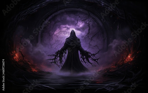wraith spettro nero accolito incappucciato sfondo dark viola rosso fumo fiamme