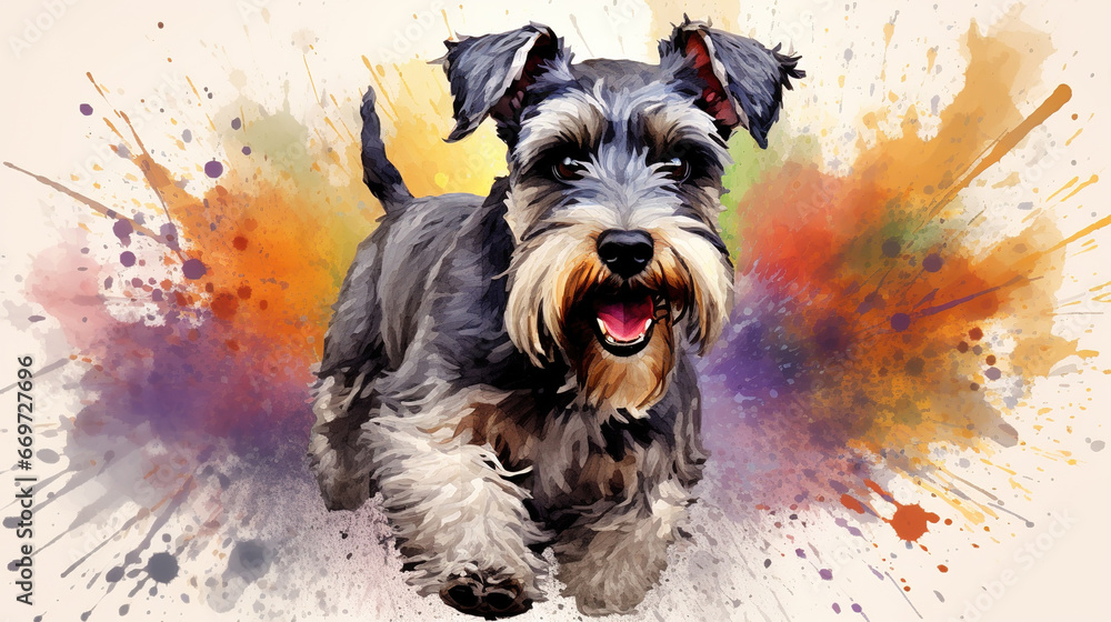 Cool looking schnauzer dog running in abstract mixed grunge colors illustration.