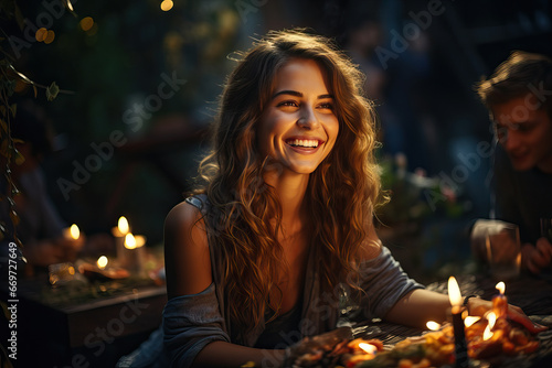 Friends sit at a table by candlelight and have fun chatting while enjoying meeting in cafe outdoor at sunset