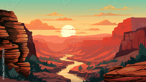 Beautiful scenic view of grand canyon national park during sunrise or sunset. Minimal pastel colors style vector art illustration.