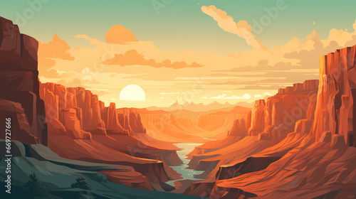 Beautiful scenic view of grand canyon national park during sunrise or sunset. Minimal pastel colors style vector art illustration. © Tepsarit