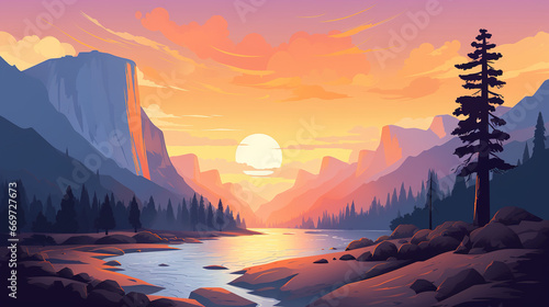 Beautiful scenic view of Yosemite national park during sunrise or sunset. Minimal pastel colors style vector art illustration.