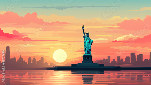 Beautiful scenic view of Statue of liberty during sunrise or sunset. Minimal pastel colors style vector art illustration.