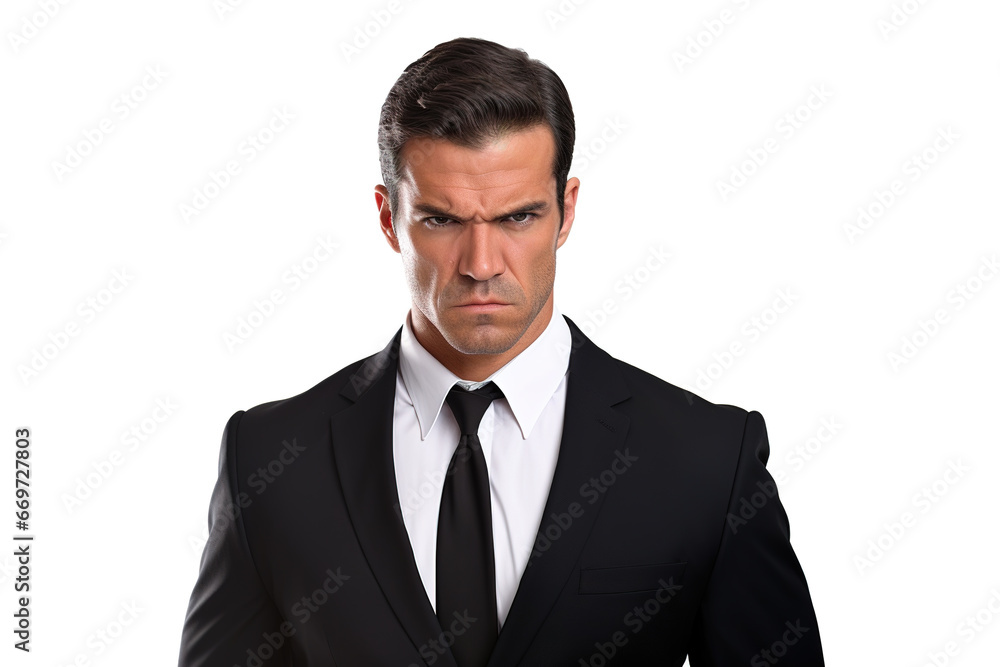 Angry businessman or boss in black suit and tie isolated on white background. Angry businessman or boss in black suit and tie isolated on white background.