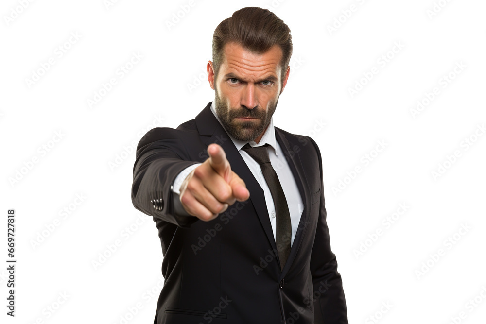 Angry businessman or boss blaming and pointing finger toward camera in black suit and tie isolated on white background. Angry businessman or boss blaming and pointing finger toward camera in black suit and tie isolated on white background.