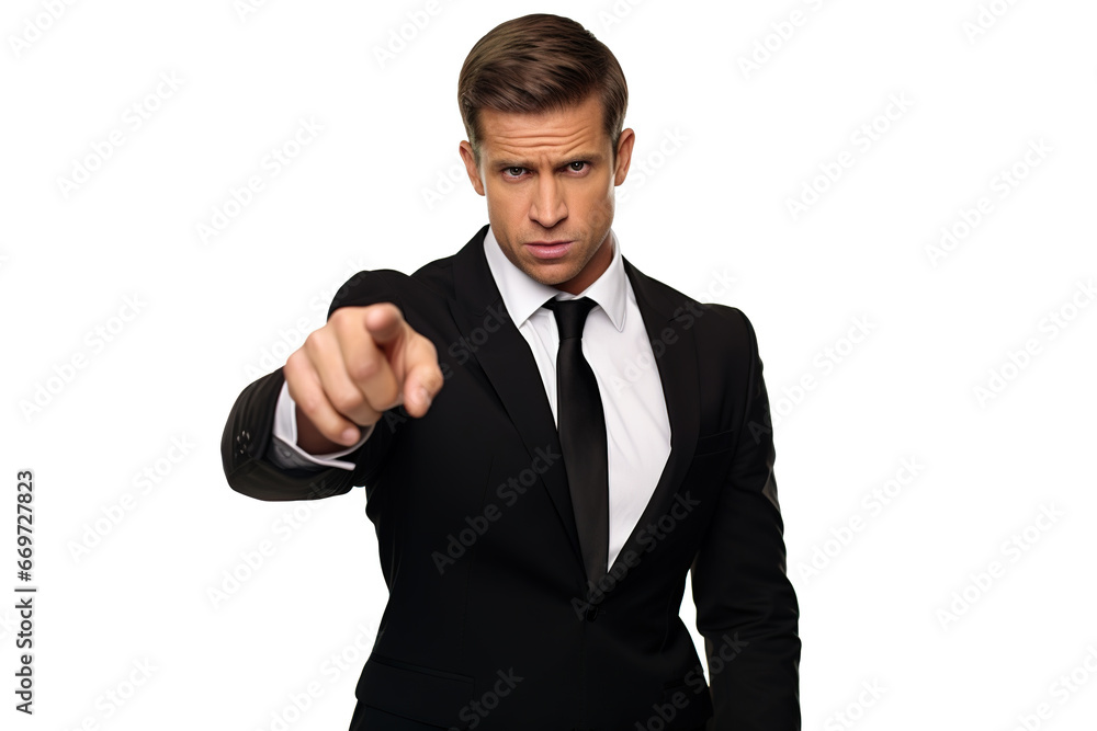 Angry businessman or boss blaming and pointing finger toward camera in black suit and tie isolated on white background. Angry businessman or boss blaming and pointing finger toward camera in black suit and tie isolated on white background.