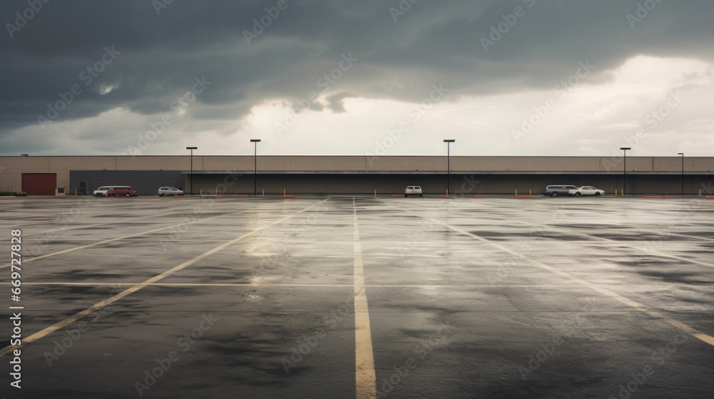 An empty parking lot with rain pouring down in a steady stream