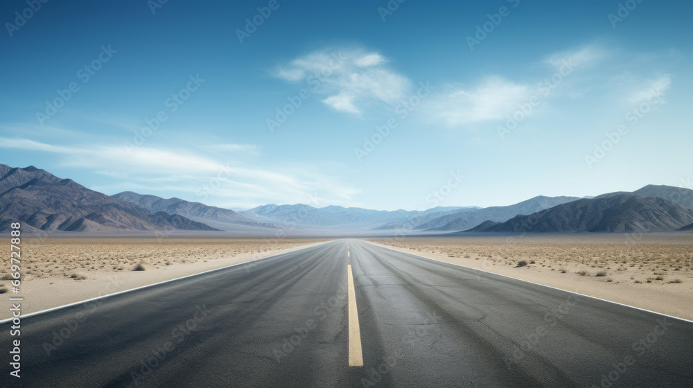 An empty highway cuts through a barren landscape, the distant mountains creating a majestic backdrop