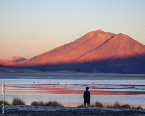 homem caminhando próximo a lagoa com montanha ao fundo e flamingos durante por do sol no salar de ascotán, chile 