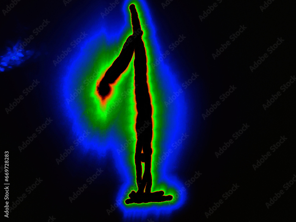 Glowing Arabic numeral 1. Mathematical number written by hand on a black background with colored neon lines. The black number glows orange-green, creating a blue halo around itself. Glowing Arabic numeral 1. Mathematical number written by hand on a black background with colored neon lines. The black number glows orange-green, creating a blue halo around itself.