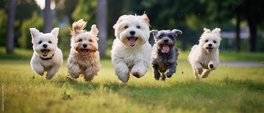 Cute funny dogs group running and playing on green grass in park - obrazy, fototapety, plakaty 