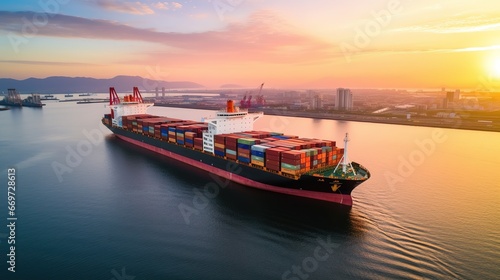 Container ship on ocean, Business logistic import - export transport front view in sunset