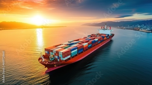 Container ship on ocean, Business logistic import - export transport front view in sunset © DZMITRY