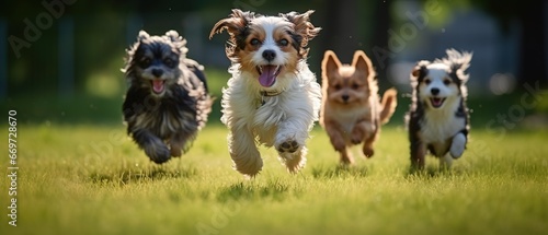 Cute funny dogs group running and playing on green grass in park