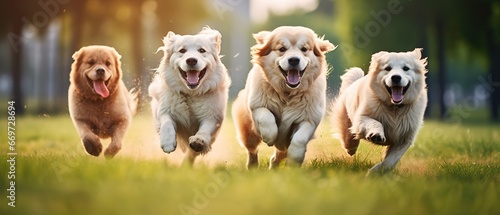 Cute funny dogs group running and playing on green grass in park