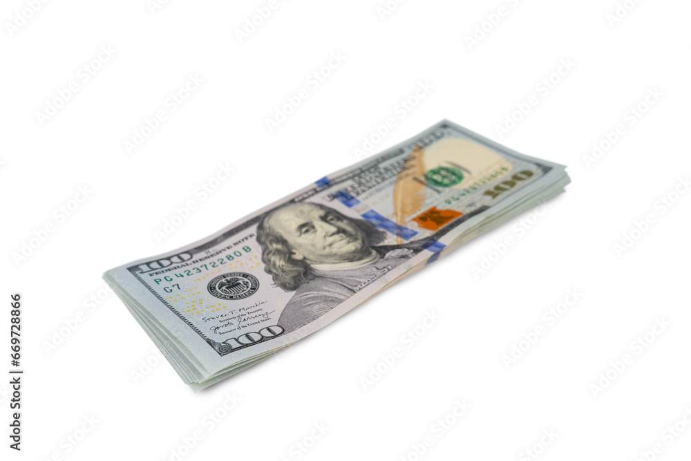 Pile of new design US dollar bills isolated on white, transparent background, PNG. Hundreds of dollar cash banknotes. Business, finance, bank, currency, economy, wealth concept. Pile of new design US dollar bills isolated on white, transparent background, PNG. Hundreds of dollar cash banknotes. Business, finance, bank, currency, economy, wealth concept.