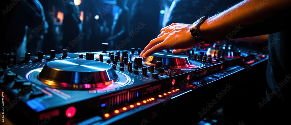 hand of female dj control on a mixer table in a disco club - obrazy, fototapety, plakaty 