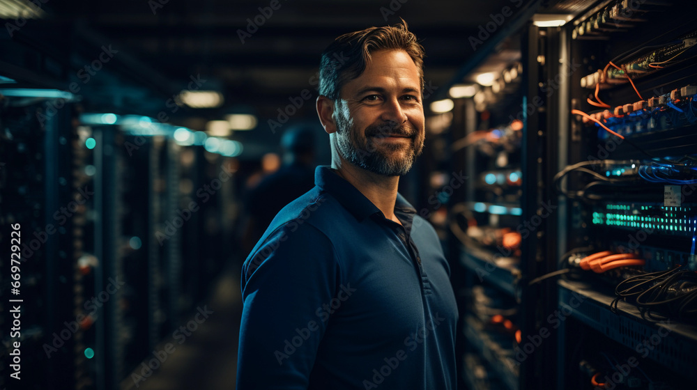 Fototapeta premium A friendly IT technician in a server room, managing and troubleshooting network equipment