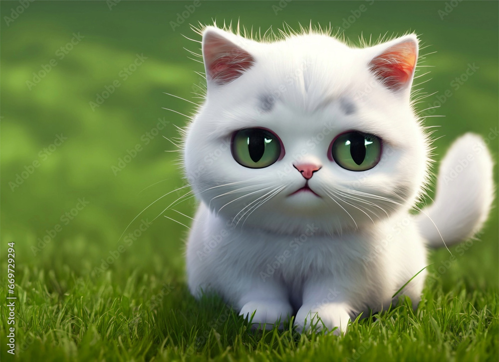 illustration of a 3D cat character with pure white fur that is cute and adorable standing on green grass illustration of a 3D cat character with pure white fur that is cute and adorable standing on green grass