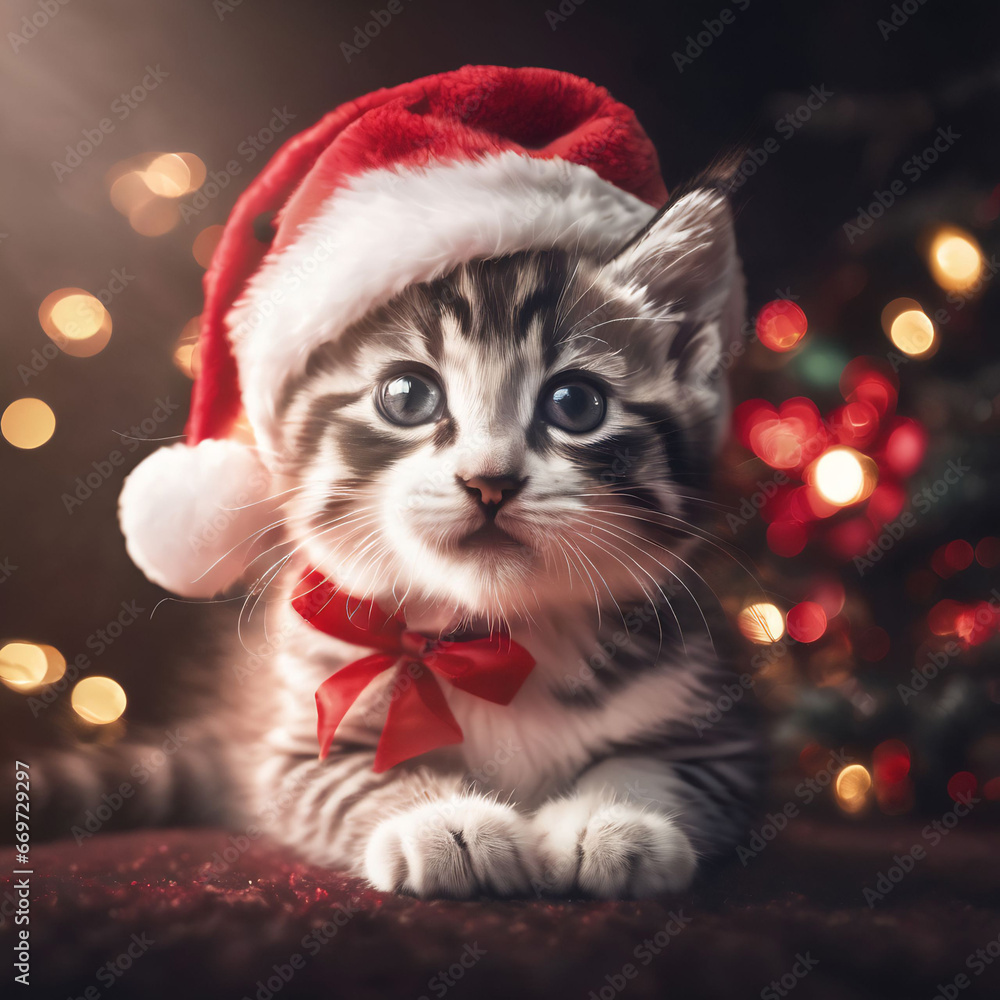 a cat with a Christmas hat, a cute kitty a cat with a Christmas hat, a cute kitty