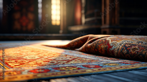 An elaborate rug with abstract patterns and a vibrant border photo