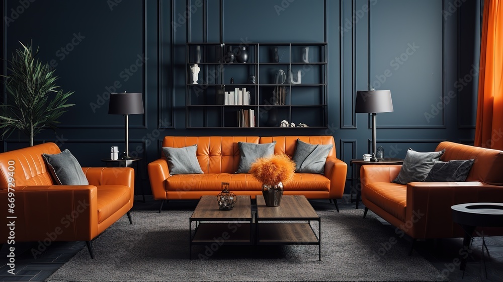 large living room with modern interior design with orange leather sofas ...