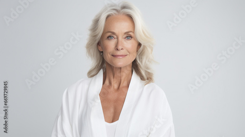 An Elderly Mature Woman wearing white is isolated against a white background with copy space, beautiful and confident