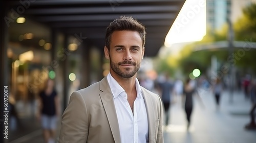 Portrait of a business american man in light cream, confident man in outdoor with blurred staff walking background